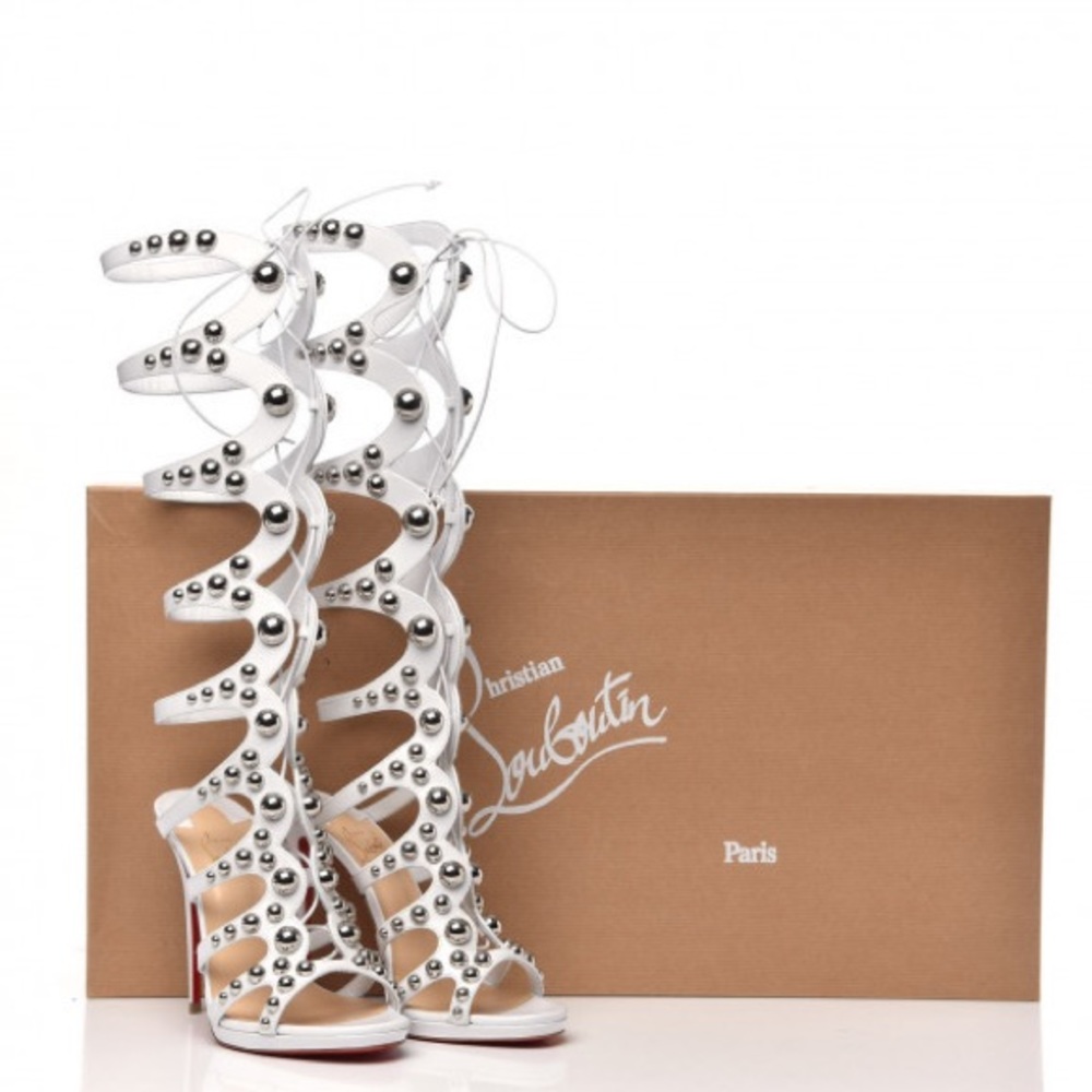 Christian Louboutin Amazoutiful 120 Lace Up Sandals Latte/Sliver - Picture 1 of 8